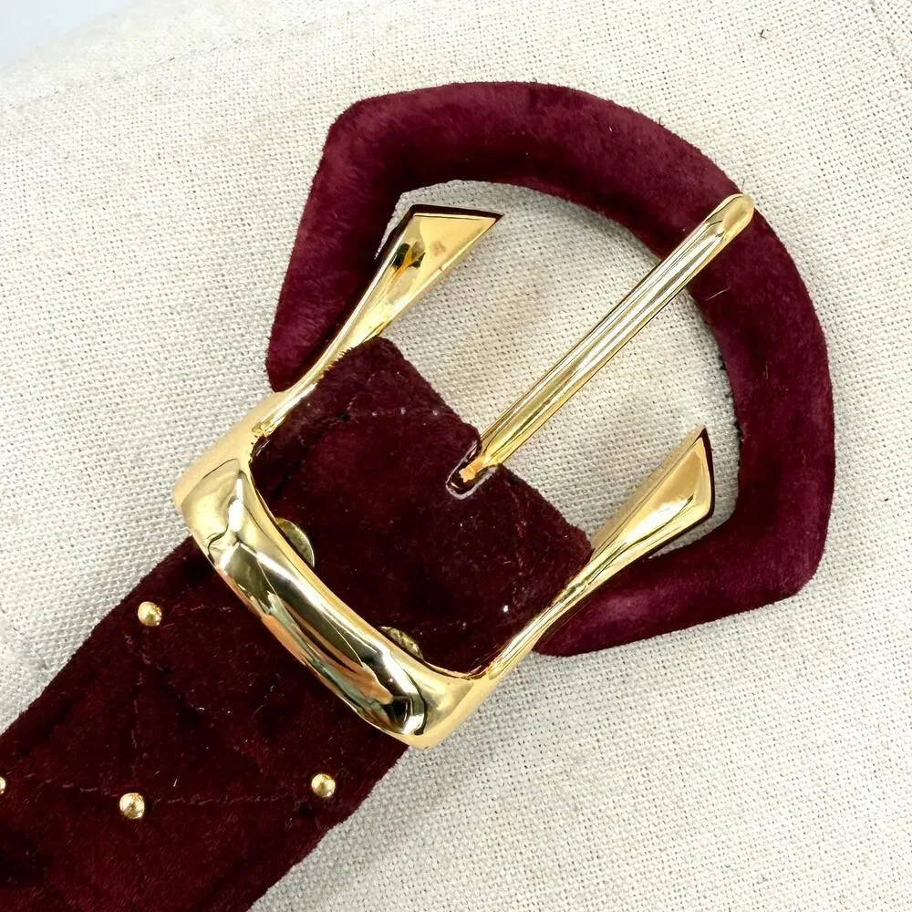 Vintage 90s Magid Burgundy Genuine Suede Studded Gold Buckle Belt